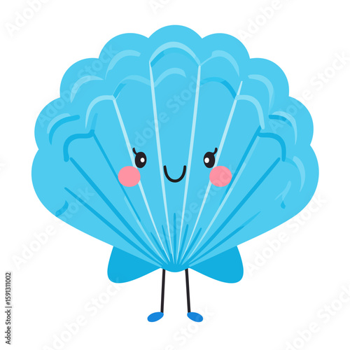 Cute anthropomorphic blue seashell character with a happy smiling face and rosy cheeks.
