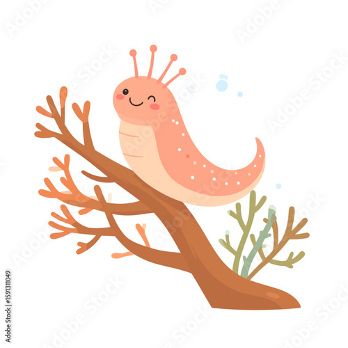 A cute pink cartoon sea slug with white spots, smiling happily while resting on a brown coral branch.