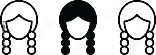 Three icons showing a faceless person with braids in different styles on a white background image
