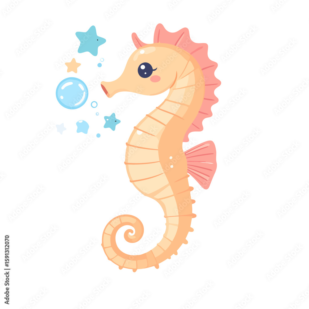 Fototapeta premium Cute orange seahorse cartoon with pink fins and a curled tail, blowing bubbles among blue stars.