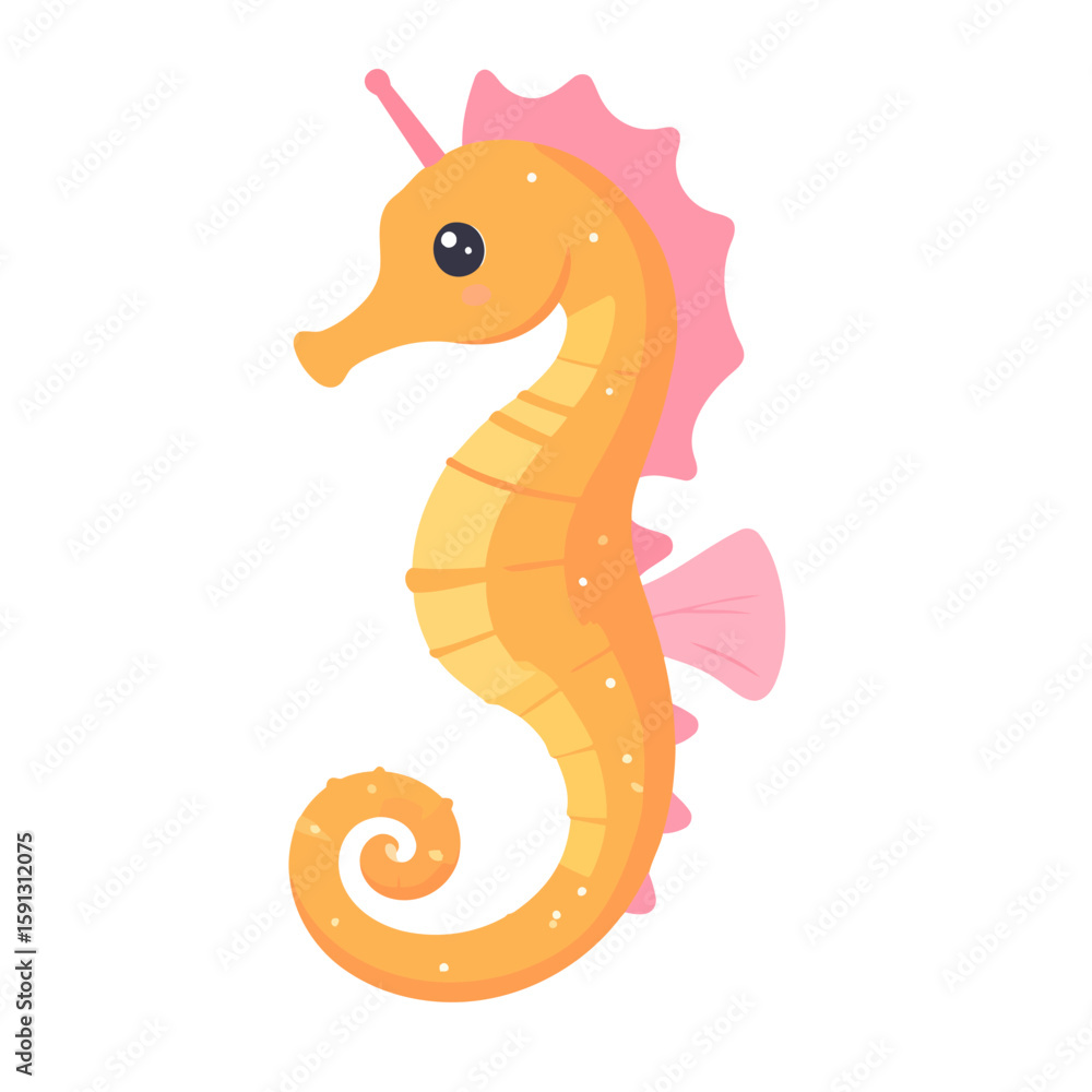 Fototapeta premium Cute cartoon seahorse character in orange and pink with a curled tail and happy expression.