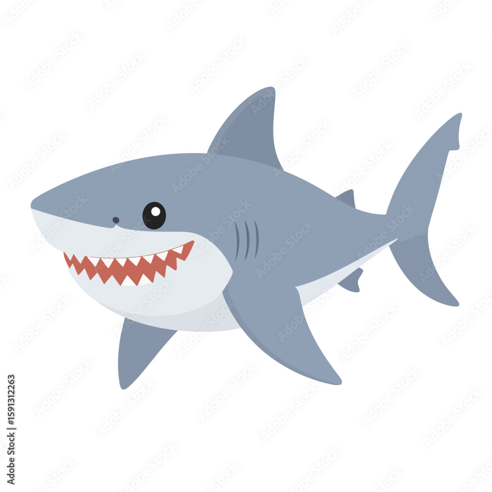 Obraz premium Cute cartoon shark with a wide, toothy smile. A friendly grey sea predator character illustration with big eyes and gills.