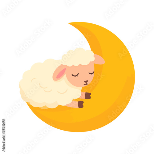 Cute fluffy cartoon sheep sleeping peacefully on a yellow crescent moon.