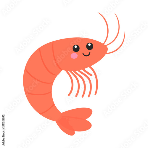 Cute smiling orange shrimp illustration. Adorable kawaii crustacean character with pink cheeks and a curved body.