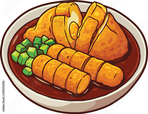 Vector illustration of Pempek, traditional fishcake from Palembang, served with spicy cuko sauce. Perfect for culinary design, food promotions, restaurant menus, and Indonesian food content.