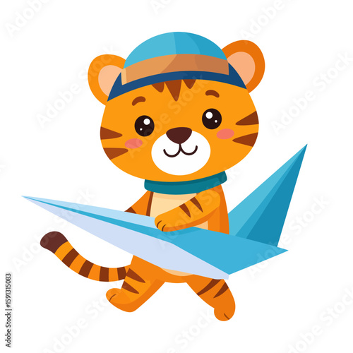 Cute cartoon tiger cub in a pilot helmet holding a blue paper airplane.