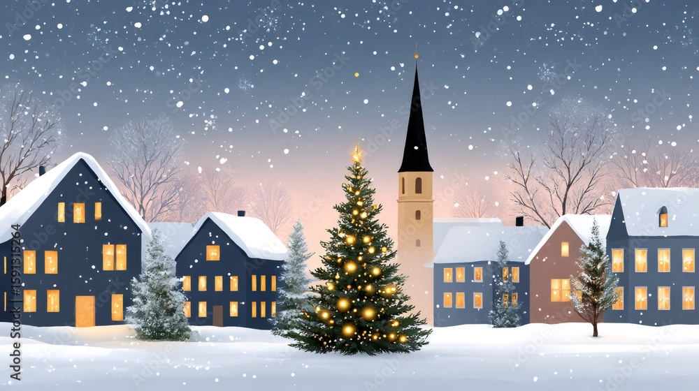 Fototapeta premium Snow falling on idyllic Christmas village with illuminated christmas tree and church