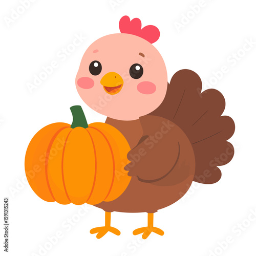 Charming cartoon turkey with rosy cheeks and a red comb, happily holding an orange pumpkin.