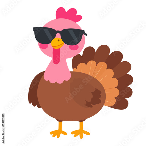 A cool cartoon turkey with a pink head and red wattle wearing black sunglasses.