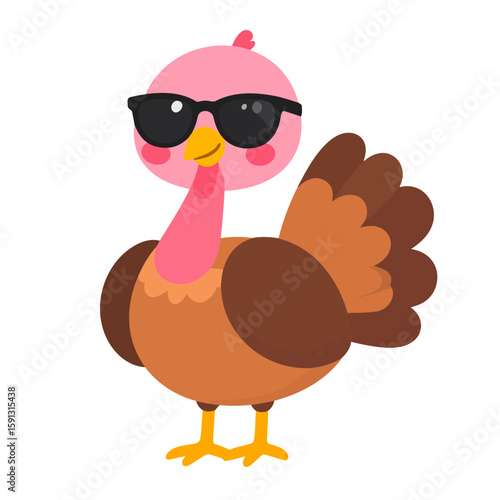 Cute cartoon turkey character with a pink head and brown feathers wearing cool black sunglasses.