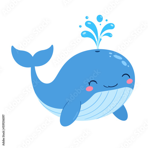 Adorable blue cartoon whale with a happy smile and rosy cheeks, spouting a fountain of water from its blowhole.