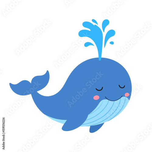 Cute cartoon blue whale spouting water, with a happy smile, closed eyes, and pink cheeks.