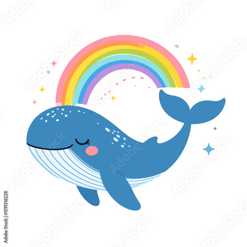 Adorable blue cartoon whale with closed eyes and pink cheeks spouting a colorful rainbow with sparkles.