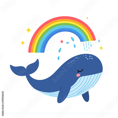 Adorable blue cartoon whale with closed eyes spouting a magical, colorful rainbow with sparkles.