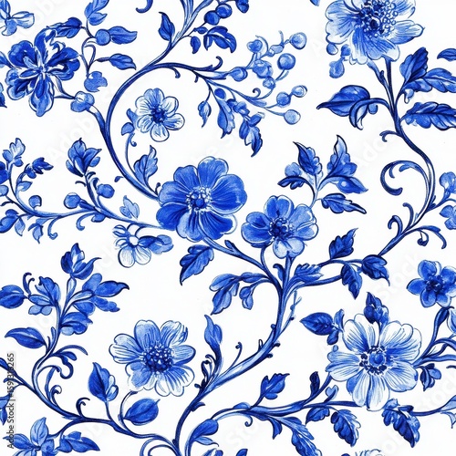 Blue Floral Pattern with Intricate Design on White Background
