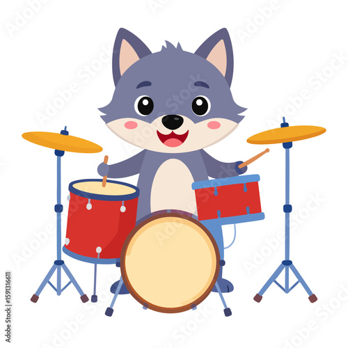 Joyful cartoon gray wolf playing a colorful drum kit with drumsticks.