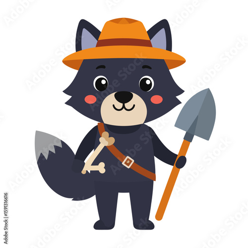 Cartoon wolf archaeologist in an orange hat holding a shovel and a bone.