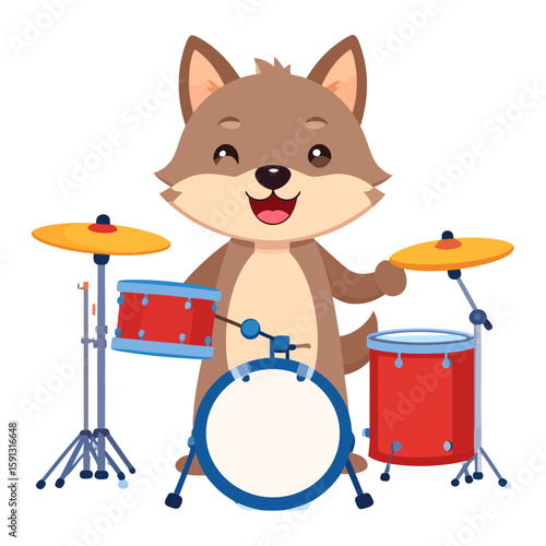 Happy cartoon wolf playing a colorful drum kit. A cute winking animal musician character with red and blue drums.