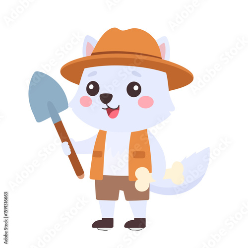 Adorable white dog archaeologist character in an orange vest and hat, holding a shovel and a bone.