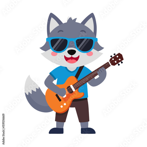 Cheerful cartoon wolf rockstar with blue sunglasses playing an orange electric guitar.