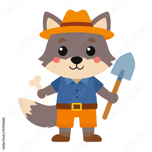 Friendly cartoon wolf archaeologist in an orange hat, holding a shovel and a bone.