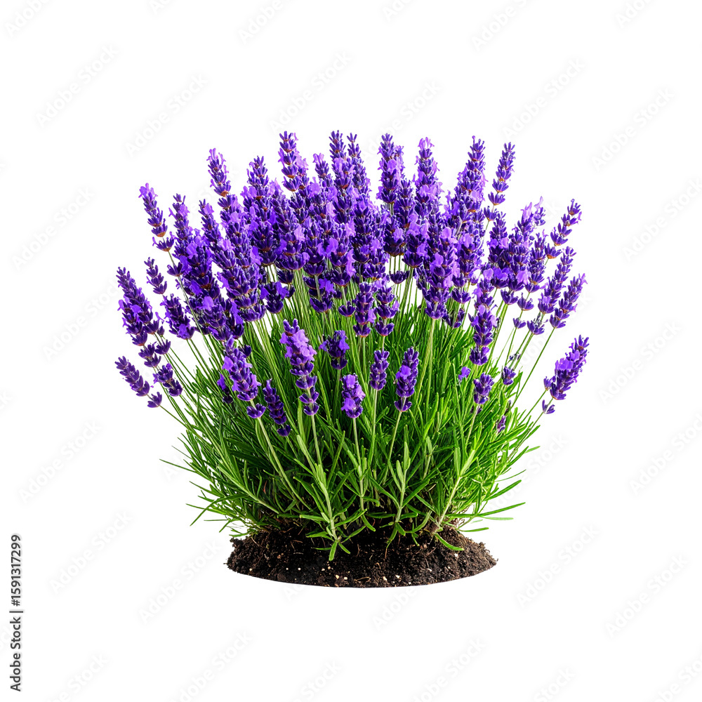 Fototapeta premium Blooming lavender plant with green leaves, isolated on transparent background