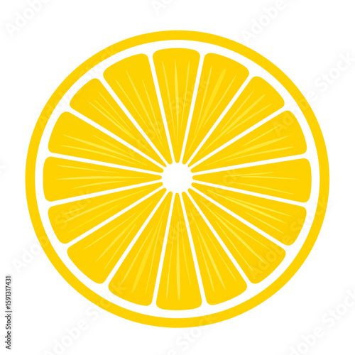 A vibrant yellow lemon slice illustration, a circular cross-section showing radial pulp segments and white pith.
