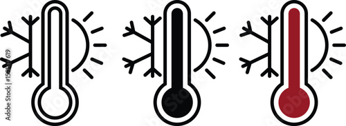 Thermometer icon with sunny and freezing weather in linear outline style. Perfect symbol for mobile app, climate UI, weather forecast, and temperature control display.