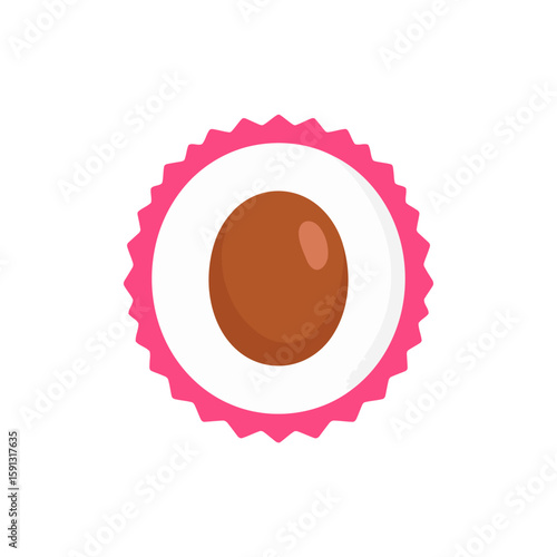 A flat design icon of a halved lychee fruit with a pink spiky rind, white flesh, and a central brown seed.