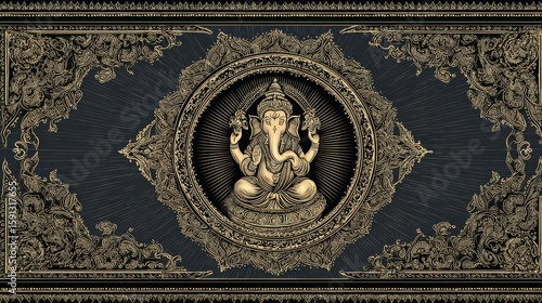 Intricate Vintage Illustration of Ganesh Surrounded by Ornate Design