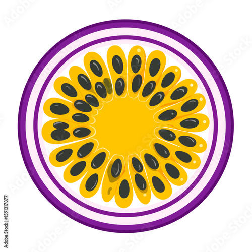 Vibrant passion fruit cross-section illustration with purple rind, yellow pulp, and black seeds.