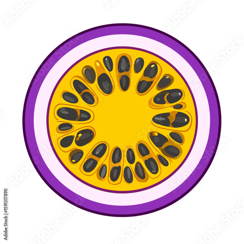 A vibrant, stylized illustration of a passion fruit cross-section with a purple rind, yellow pulp, and black seeds.