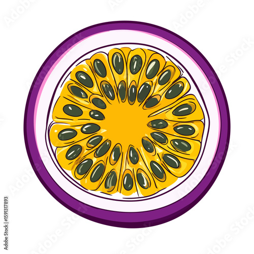 Vibrant graphic illustration of a halved passion fruit with purple rind, yellow pulp, and black seeds.