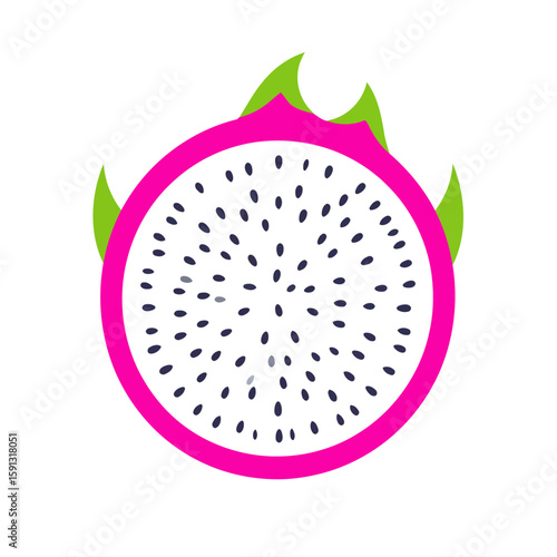 Vibrant flat graphic of a sliced dragon fruit with a pink rind and white seeded pulp.