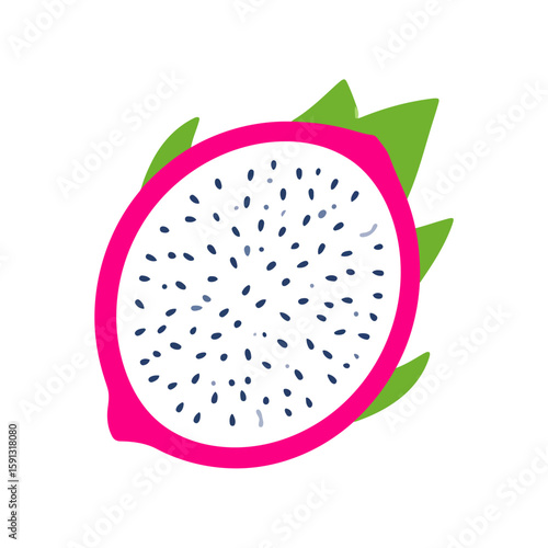 Colorful dragon fruit half with bright pink skin, green scales, and white pulp with seeds.