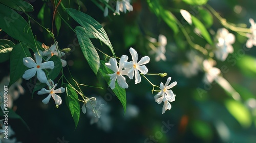 Jasmine flowers bloom on a vine with green leaves in soft, natural sunlight. Perfect for nature, floral, or springtime themed designs and backgrounds.