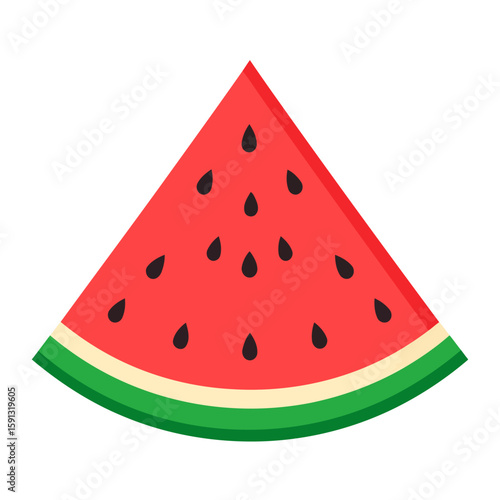 Vibrant triangular watermelon slice illustration with red flesh, black seeds, and green striped rind.