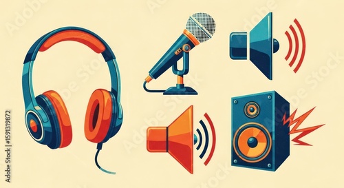 A set of colorful audio icons featuring headphones, a microphone, and speakers emitting sound waves.