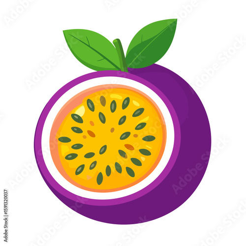 Vibrant illustration of a halved purple passion fruit with seedy yellow pulp and green leaves.