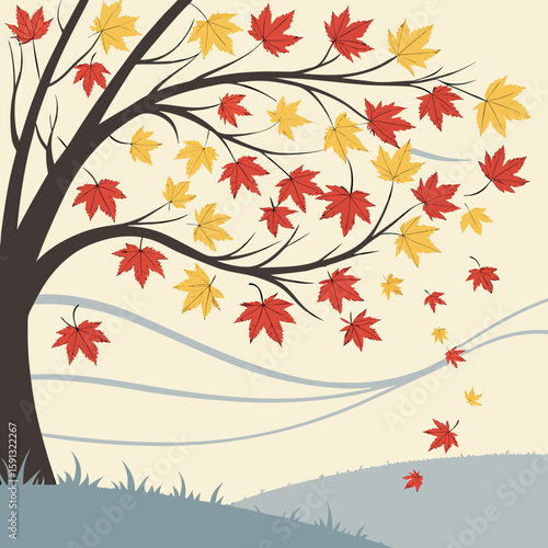 Illustration of a tree with red and yellow leaves during autumn season on a light background scene