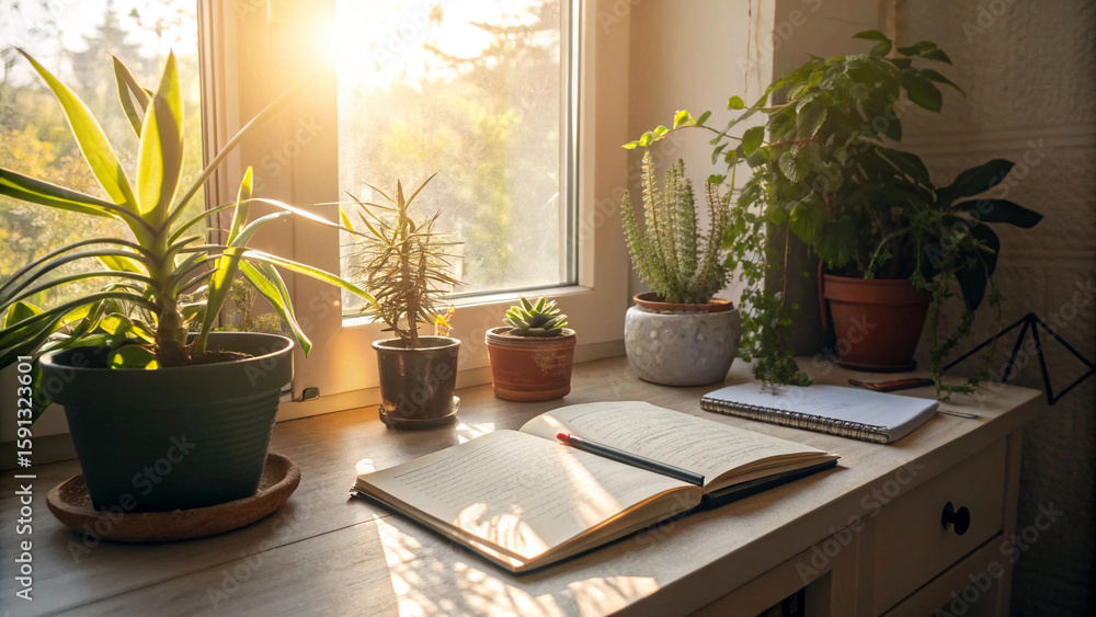 Fototapeta premium Bright Sunny Cozy Workspace with Plants and Notebook