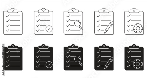 Clipboard icon, clipboard check mark, clipboard with gear, pen and magnifying glass, quality check symbol, isolated on white background, vector illustration

