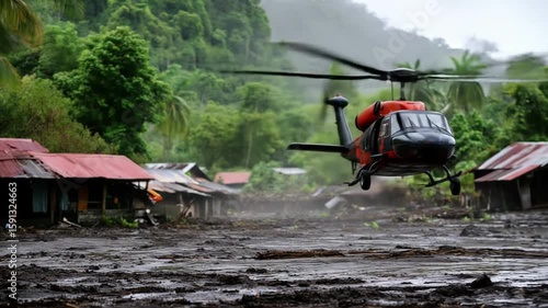 Wallpaper Mural A helicopter flies over a tropical landscape amidst a lush jungle backdrop. Torontodigital.ca
