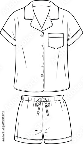 Casual summer pajama set, button-up shirt with collar and drawstring shorts, flat sketch for fashion design, CAD illustration