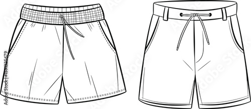 Men’s casual shorts flat sketch, elastic waistband and drawstring styles, front view fashion design CAD vector illustration template