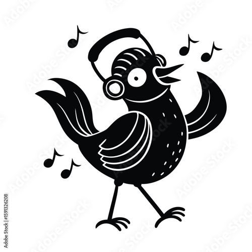 Skylark Silhouettes on A skylark wearing headphones and dancing  on white background
