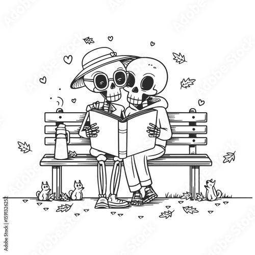 Whimsical skeletons reading a book together with rats in a colorful design