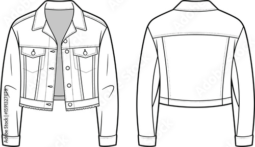 CAD drawing flat vector illustration of cropped denim jacket, front and back view, fashion template, technical sketch for garment design