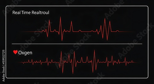 Vital Signs Monitor Showing Heart Activity Red Waveforms Displaying Real-Time Oxygen and Heart Rate Pulse on Dark Background