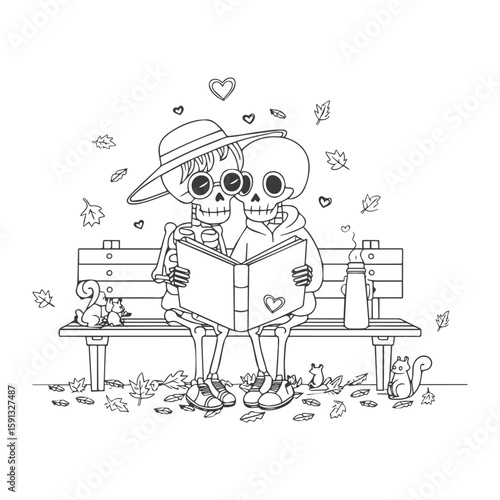 Two skeletons enjoying a book together in a creative design